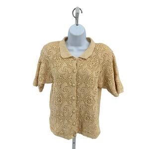 Worthington Crochet Top Womens L Yellow Vintage Button Down Short Sleeve Relaxed